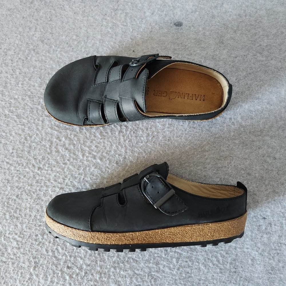 Haflinger LS14 Leather Fisherman Clog Slide Comfortable Adjustable Buckle Black